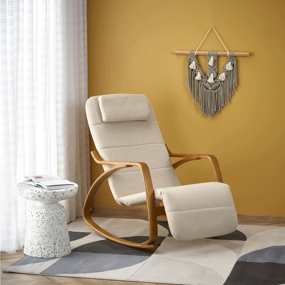 Scaune living - Scaun balansoar HM Prime, cu suport pentru picioare reglabil, tapiterie stofa, lemn masiv, bej