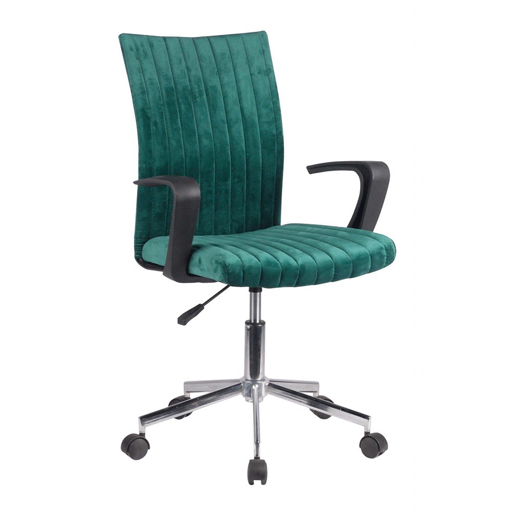 Scaun birou copii HM Doral, tapiterie stofa tip catifea, baza cromata, cu brate, rotativ, 90 kg, verde inchis