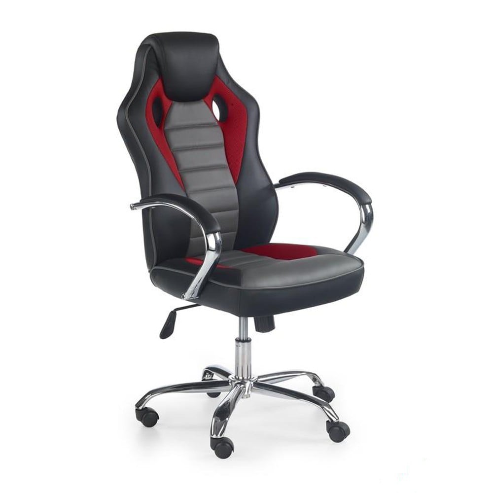 Scaune Gaming - Scaun directorial pentru gaming HM Scroll, tapiterie piele ecologica, cadru cromat, mecanism de balans, 110 kg, negru/rosu/gri