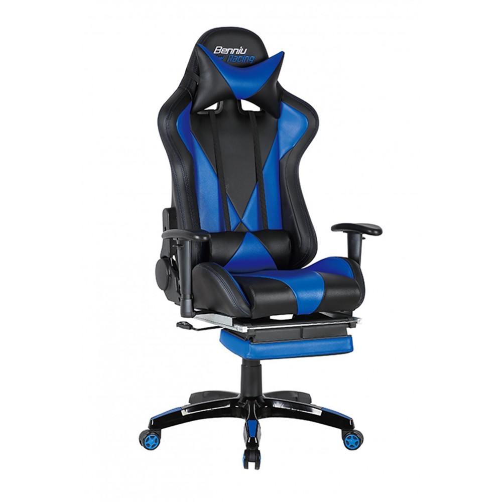 Scaune Gaming - Scaun gaming GN90 Suzuka, suport lombar, perna tetiera, cotiere reglabile, rotativ, mecanism multiblock, 150 kg, negru/albastru