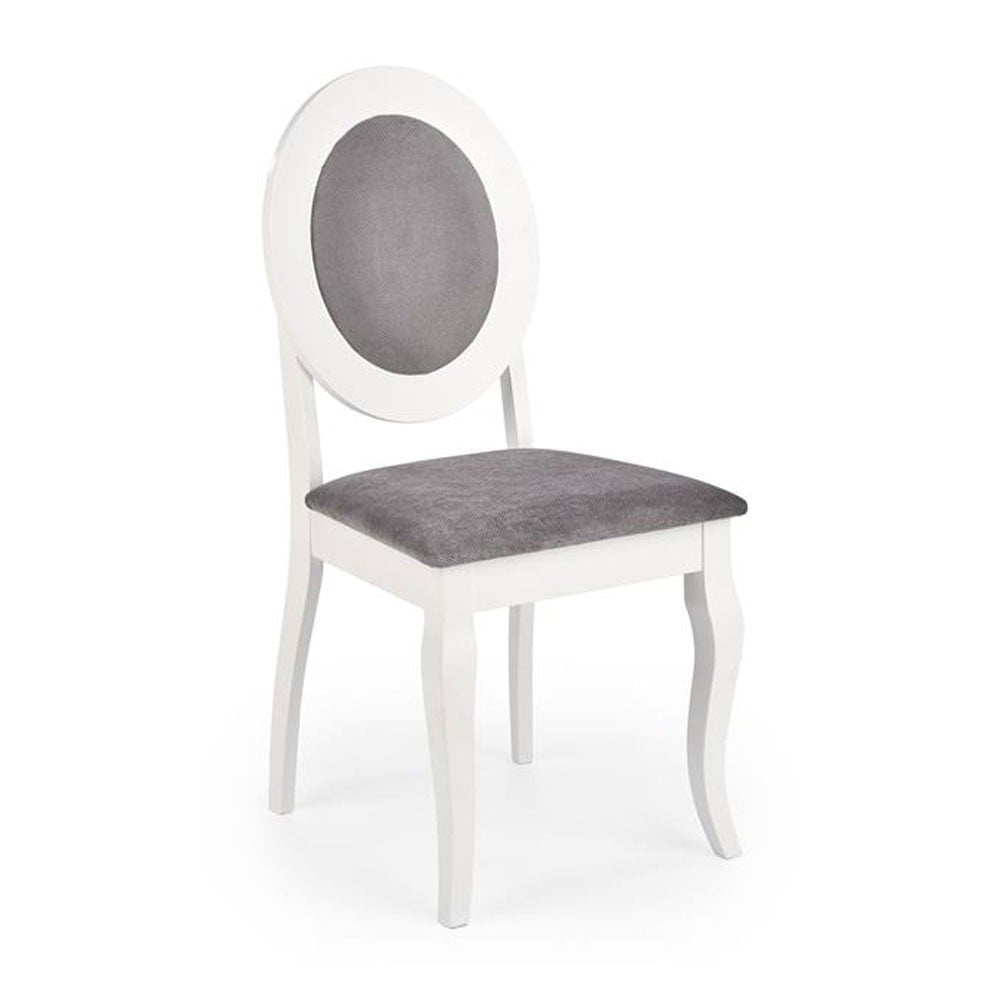 Scaun de living si bucatarie HM Barock, din lemn masiv, ergonomic, tapitat cu stofa, 100 Kg, 93x45x51 cm, Alb/Gri
