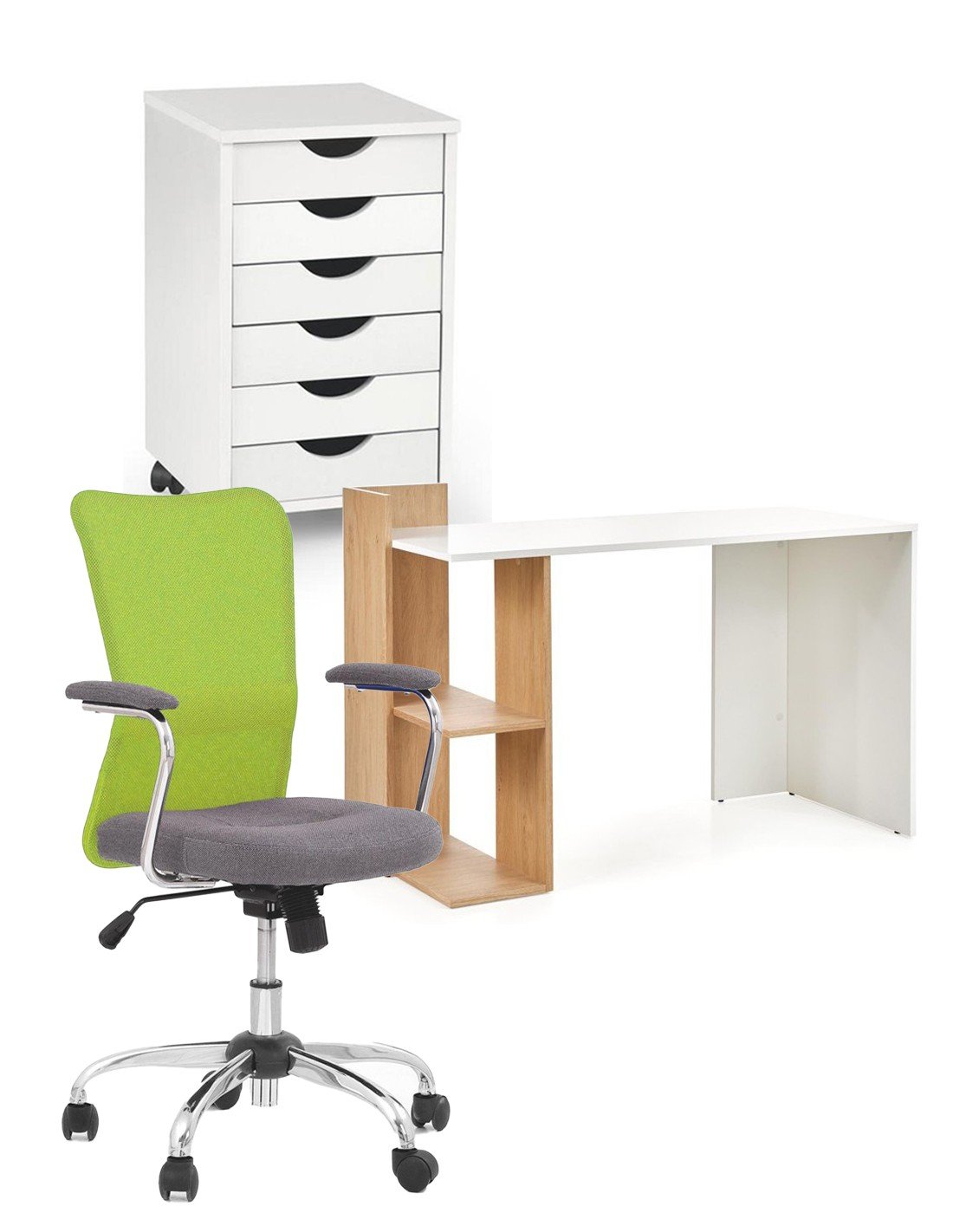Back to School - Set birou copii HM Fino, PAL Melaminat, rafturi, stejar auriu/alb cu scaun HM Andy verde, mesh, 102 kg si dulapior rulant HM Simon 2, cu roti, front MDF, alb