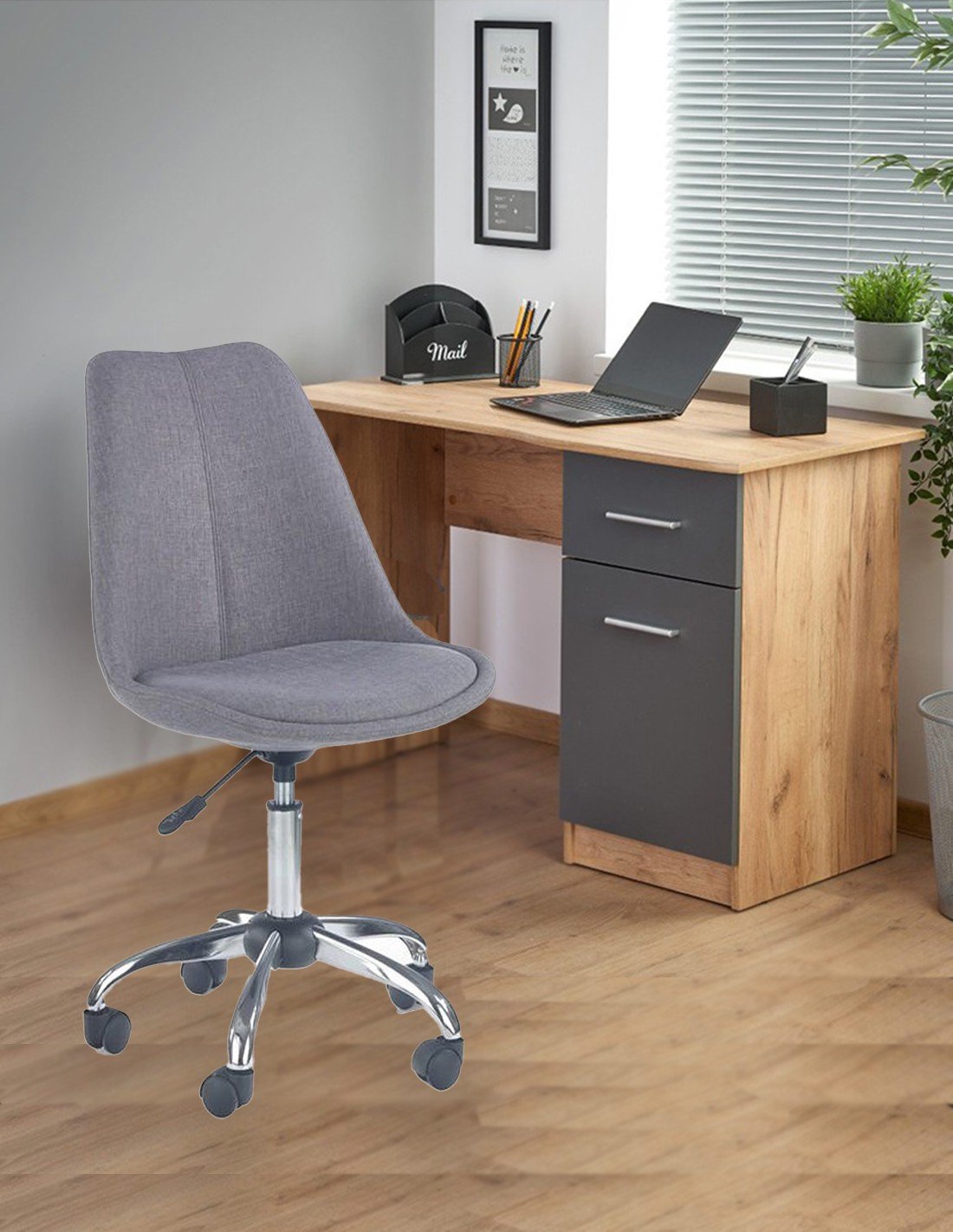 Set birou cu usa si sertar HM Elmo, Pal melaminat, 120x55x78 cm, stejar/antracit si scaun copii HM Coco 4, Ergonomic, Stofa, Inaltime ajustabila, 80 kg, Gri deschis