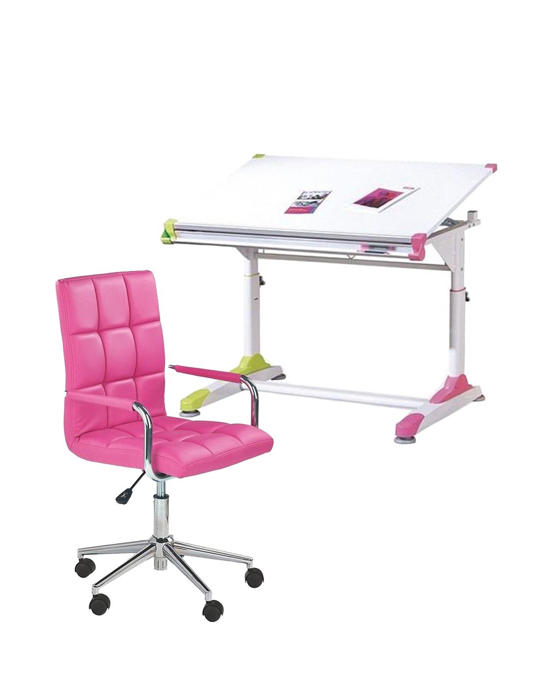 Back to School - Set birou ergonomic HM Collorido, inaltime reglabila, unghi inclinare ajustabil, MDF, alb si scaun birou HM Gonzo 2, piele ecologica, Mecanism de balans, 90 Kg, roz