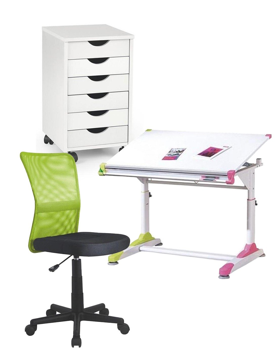 Set birou ergonomic HM Collorido inaltime reglabila, unghi inclinare ajustabil, cu scaun HM Dingo verde, mesh, 80 kg si dulapior rulant HM Simon 2, cu roti, front MDF, alb