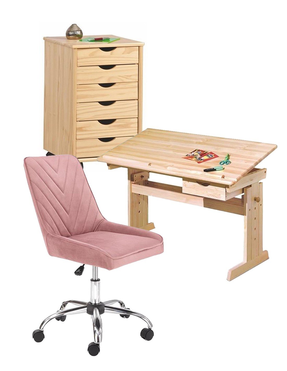 Back to School - Set birou ergonomic HM Julia inaltime reglabila, unghi inclinare ajustabil, cu scaun HM Rico roz, catifea, 100 kg si dulapior rulant HM Nils, cu roti, lemn, natur