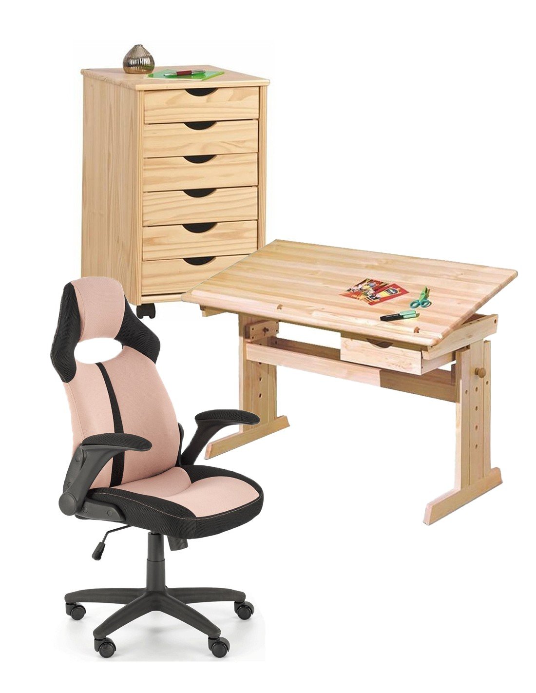 Back to School - Set birou ergonomic HM Julia inaltime reglabila, unghi inclinare ajustabil, cu scaun HM Bloom roz/negru, stofa/mesh, 100 kg si dulapior rulant HM Nils, cu roti, lemn, natur