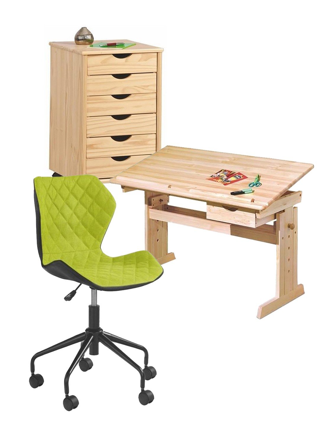 Back to School - Set birou ergonomic HM Julia inaltime reglabila, unghi inclinare ajustabil, cu scaun HM Matrix negru/verde, stofa, 100 kg si dulapior rulant HM Nils, cu roti, lemn, natur