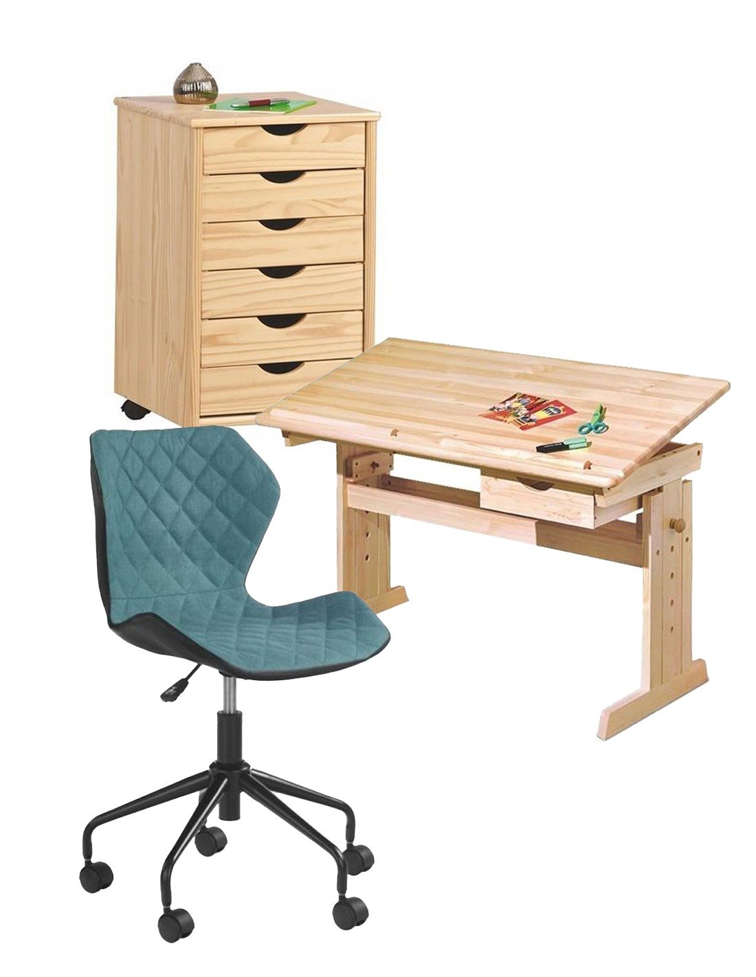 Back to School - Set birou ergonomic HM Julia inaltime reglabila, unghi inclinare ajustabil, cu scaun HM Matrix negru/turcoaz, stofa, 100 kg si dulapior rulant HM Nils, cu roti, lemn, natur
