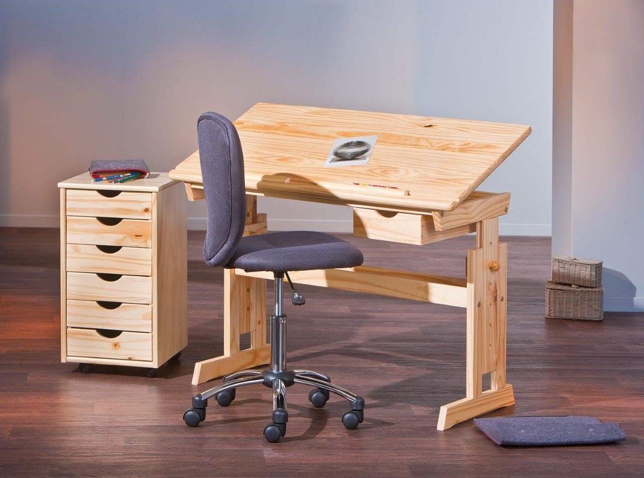 Back to School - Set birou ergonomic pentru copii HM Julia, inaltime reglabila, unghi inclinare ajustabil, lemn si dulapior HM Nils, roti, sertare, natur