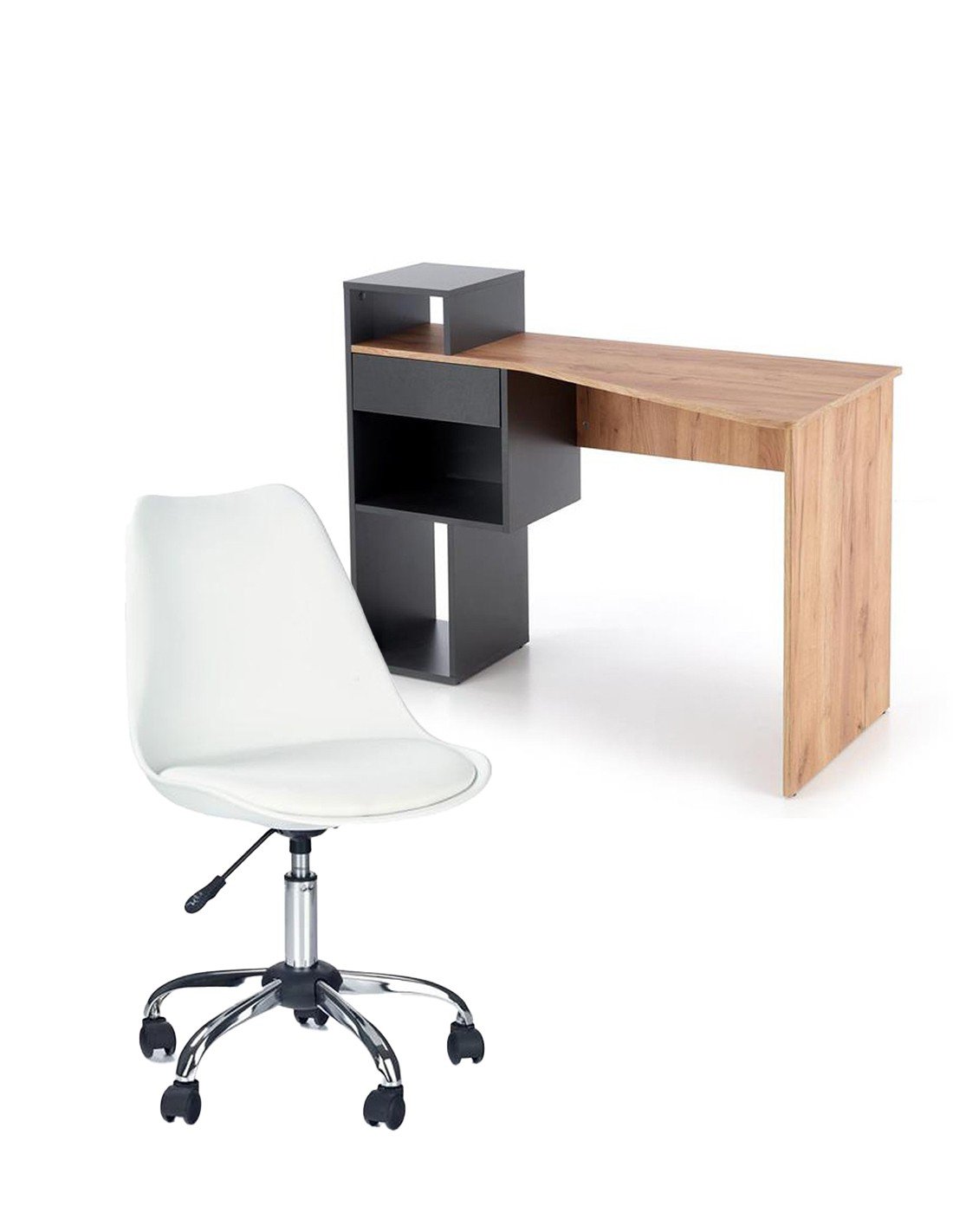 Back to School - Set birou HM Conti, rafturi, sertar, PAL melaminat, 122x57x90 cm, stejar/gri si scaun pentru copii HM Coco, piele ecologica, inaltime reglabila, 80 kg, Alb