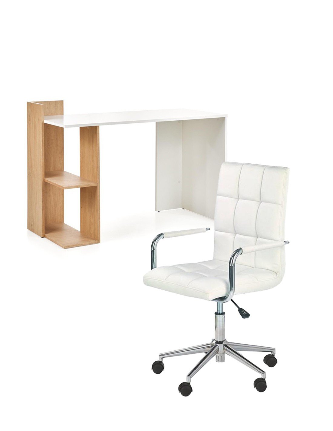 Back to School - Set birou HM Fino, 2 rafturi, PAL melaminat, 122x57x85 cm, stejar auriu si scaun copii HM Gonzo 2, Ergonomic, tapitat cu piele ecologica, cu brate, 90 Kg, Alb