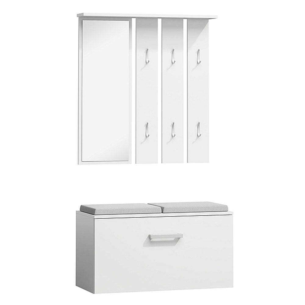 Produse - Set cuier si pantofar cu oglinda SL P001, Pal Melaminat, 6 agatatori, banca, spatiu depozitare, alb
