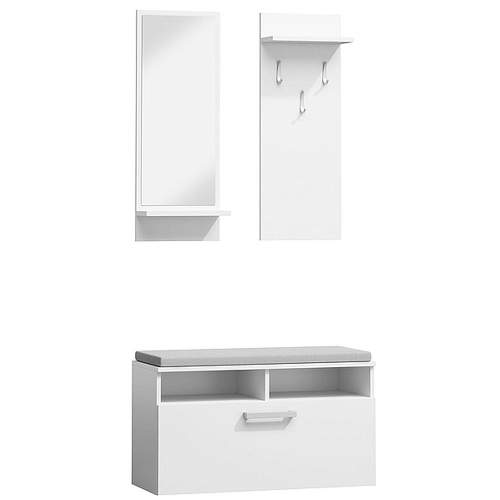 Produse - Set cuier si pantofar cu oglinda SL P003, Pal Melaminat, 3 agatatori, banca, spatiu depozitare, polita, alb