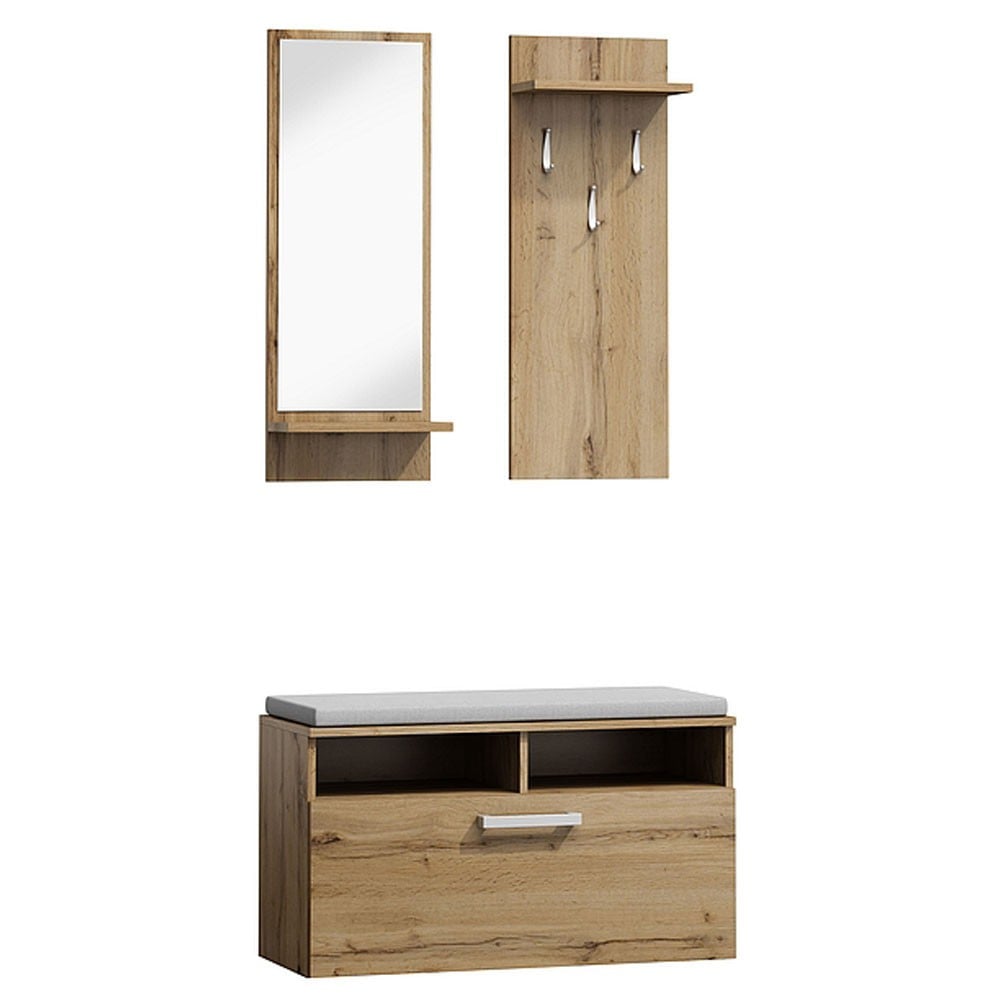 Produse - Set cuier si pantofar cu oglinda SL P003, Pal Melaminat, 3 agatatori, banca, spatiu depozitare, polita, stejar wotan