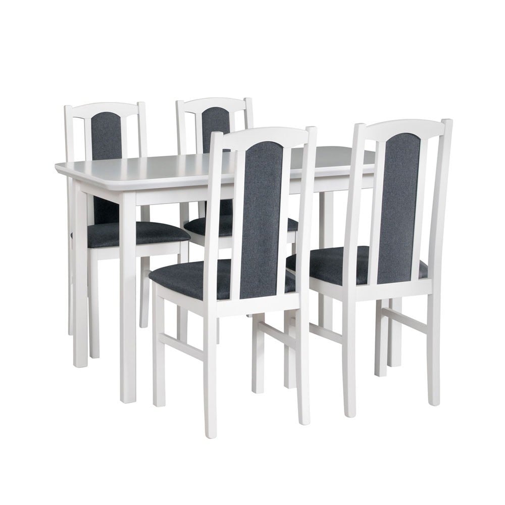 Set masa extensibila lemn masiv, living si bucatarie, DM4 Maxima, blat MDF Furniruit, colturi rotunjite, 120-150x70x76 cm si 4 scaune DM14 Boston, lemn, stofa, 120 kg, alb/gri
