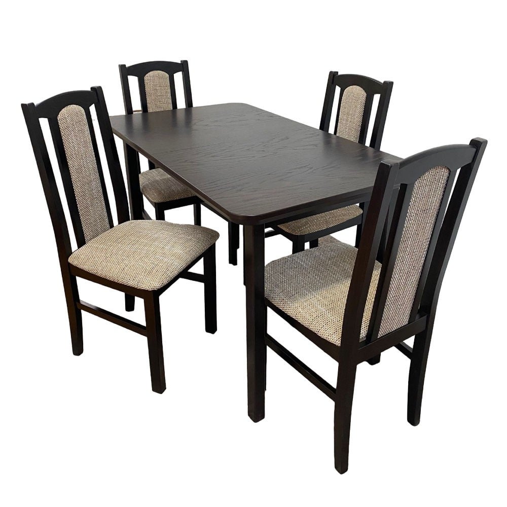 Set masa extensibila lemn masiv, living si bucatarie, DM4 Maxima, blat MDF Furniruit, colturi rotunjite, 120-150x70x76 cm si 4 scaune DM7 Boston, lemn, stofa, 120 kg, wenge