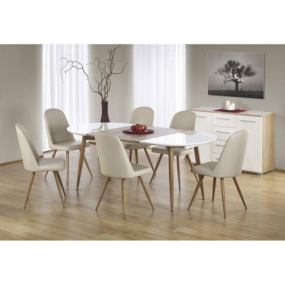 Set mese plus scaune - Set masa living extensibila HM Edward, blat MDF, structura metalica, ovala, 120-200x100x75 cm alb/stejar si 4 scaune HM K214, piele ecologica, 100 kg, bej