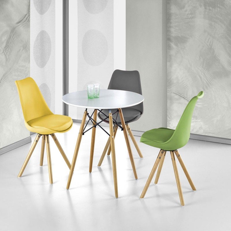Set mese plus scaune - Set masa pentru bucatarie si living HM Prometheus, blat MDF lacuit, rotunda, 80x75 cm si 4 scaune HM K201, cadru lemn, polipropilena, sezut cu piele ecologica, 100 kg