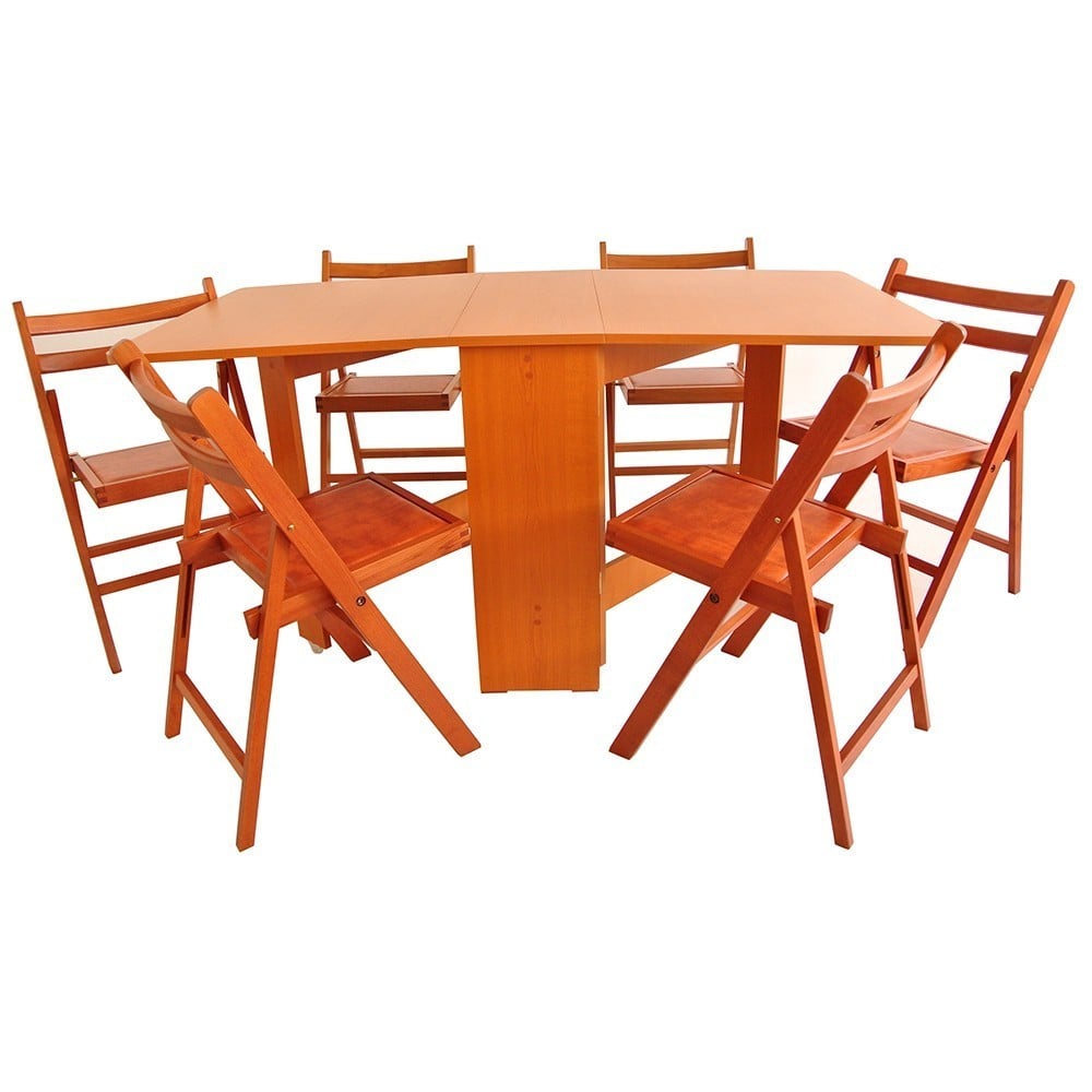 Set masa plianta MD1, bucatarie si living, Pal Melaminat, colturi rotunjite, 6 persoane, 160x80x75 cm si 6 scaune pliante lemn, tapitate cu piele ecologica, fag