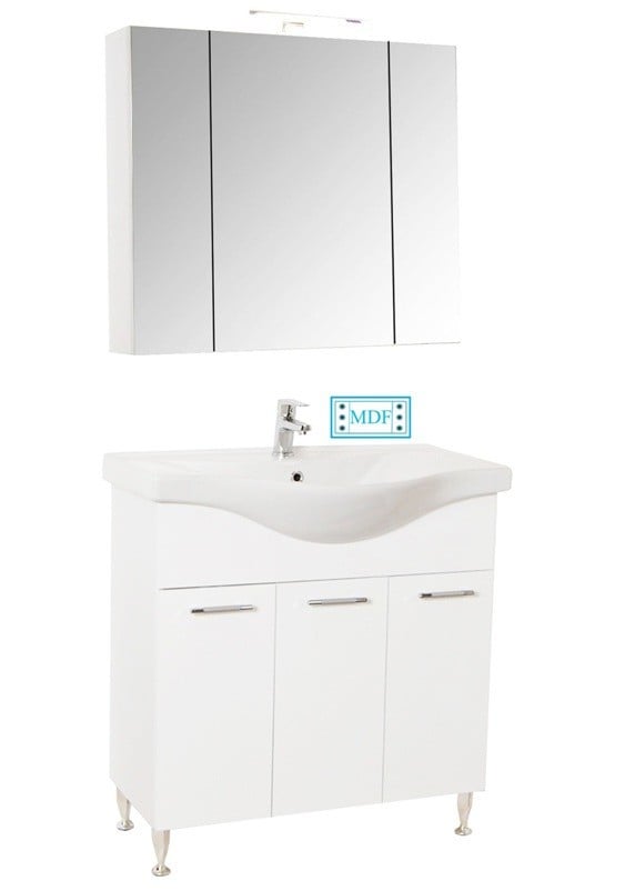 Produse - Set mobilier baie cu lavoar GN1531, front MDF cu lavoar ceramic, 80 cm, 3 usi, picioare reglabile cromate, balamale soft close si dulap cu oglinda Celine, PAL, iluminare led, alb