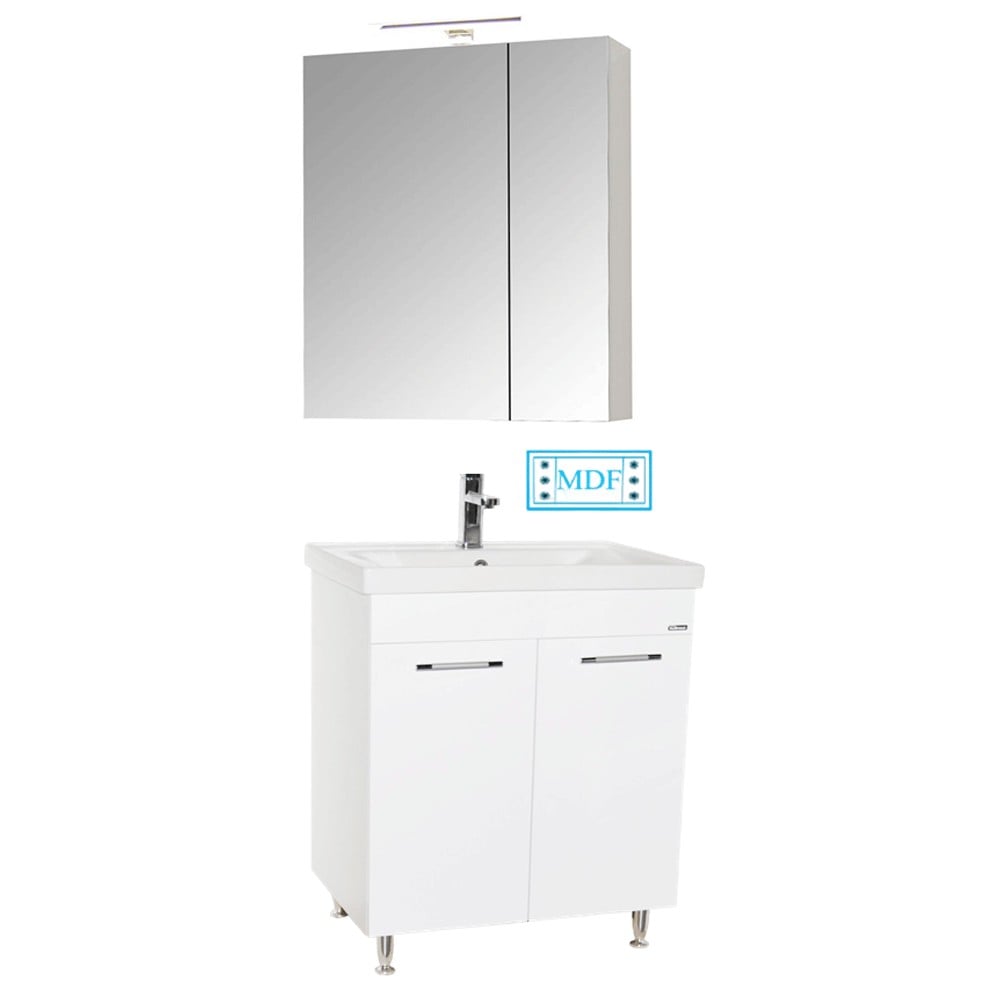 Seturi mobilier baie - Set mobilier baie GN0541, front MDF, cu lavoar ceramic, 60 cm, 2 usi, 2 rafturi, picioare cromate reglabile, balamale soft close si dulap cu oglinda Celine, PAL, iluminare led, alb