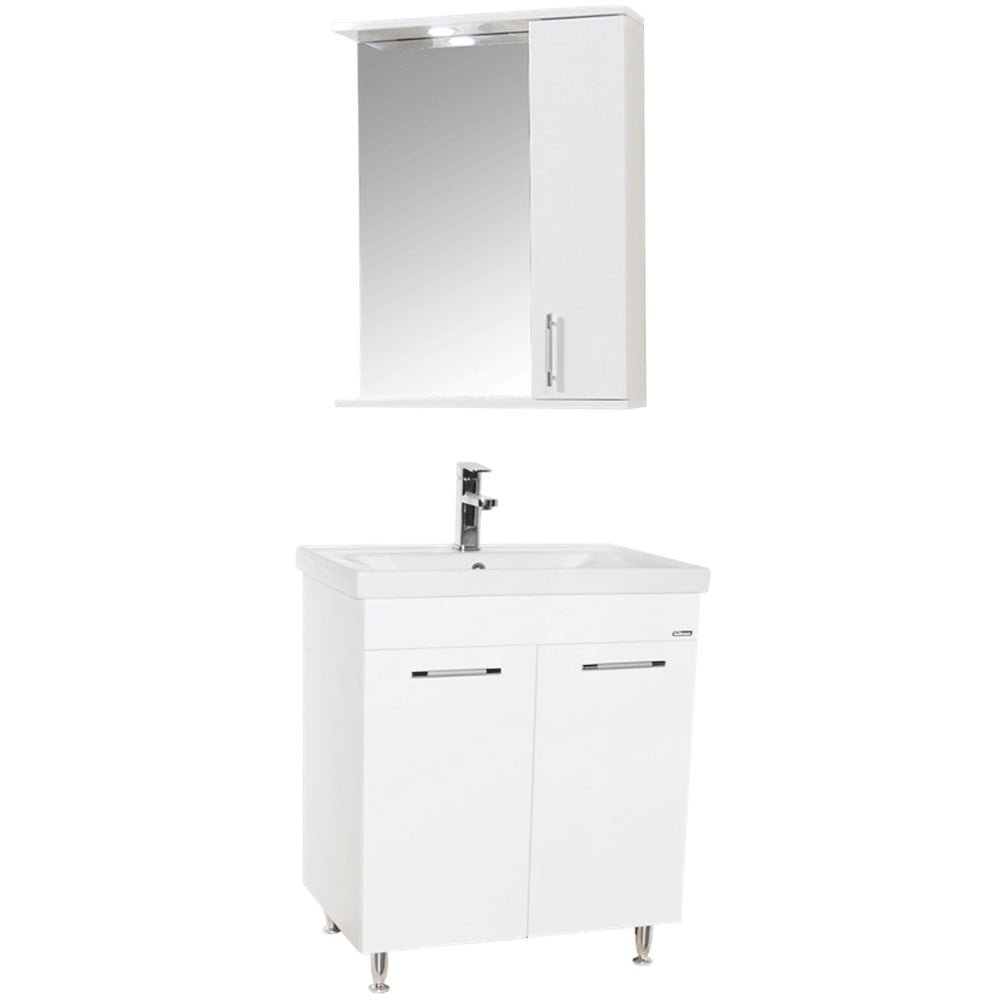 Seturi mobilier baie - Set mobilier baie GN0541, front MDF, cu lavoar ceramic, 60 cm, 2 usi, 2 rafturi, picioare cromate reglabile, balamale soft close si oglinda cu dulap GN0201, dreptunghiulara, PAL, iluminare led, alb