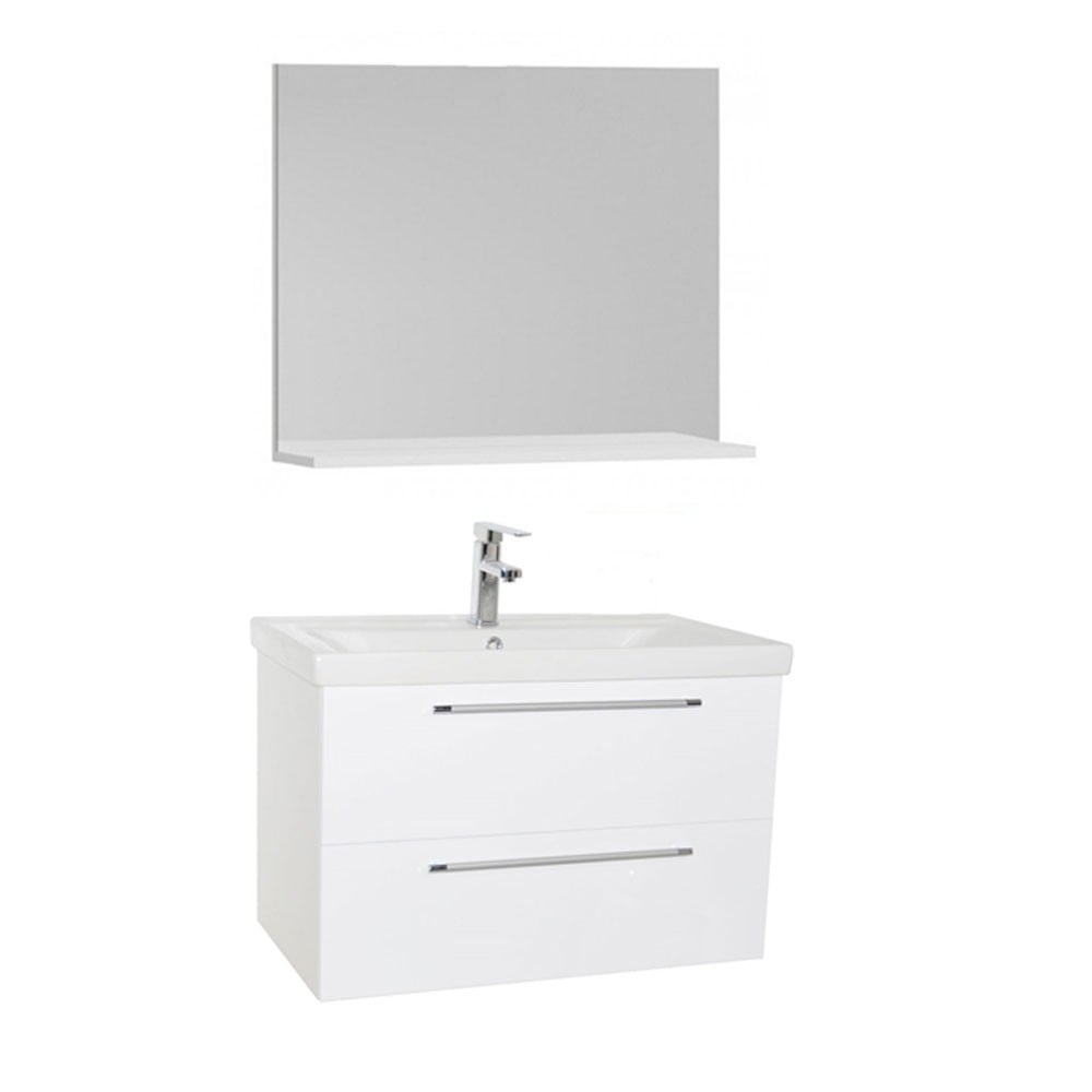 Seturi mobilier baie - Set mobilier baie suspendat, cu lavoar ceramic, GN0541, front MDF, 80 cm, 2 sertare, glisiere soft close si oglinda cu polita GN0551, PAL, alb