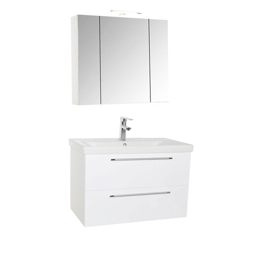 Seturi mobilier baie - Set mobilier baie suspendat, cu lavoar ceramic, GN0541, front MDF, 80 cm, 2 sertare, glisiere soft close si dulap cu oglinda Celine, PAL, iluminare led, alb