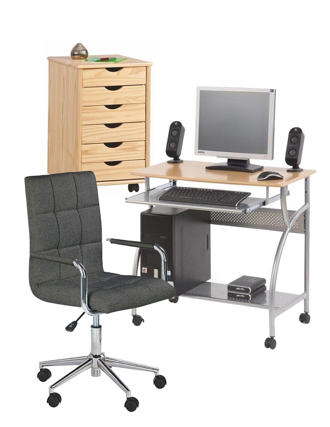 Back to School - Set mobilier birou copii HM B6, MDF, metalic, spatii depozitare, cu scaun HM Gonzo 3 gri inchis, stofa, 90 kg si dulapior rulant HM Nils, cu roti, lemn, natur