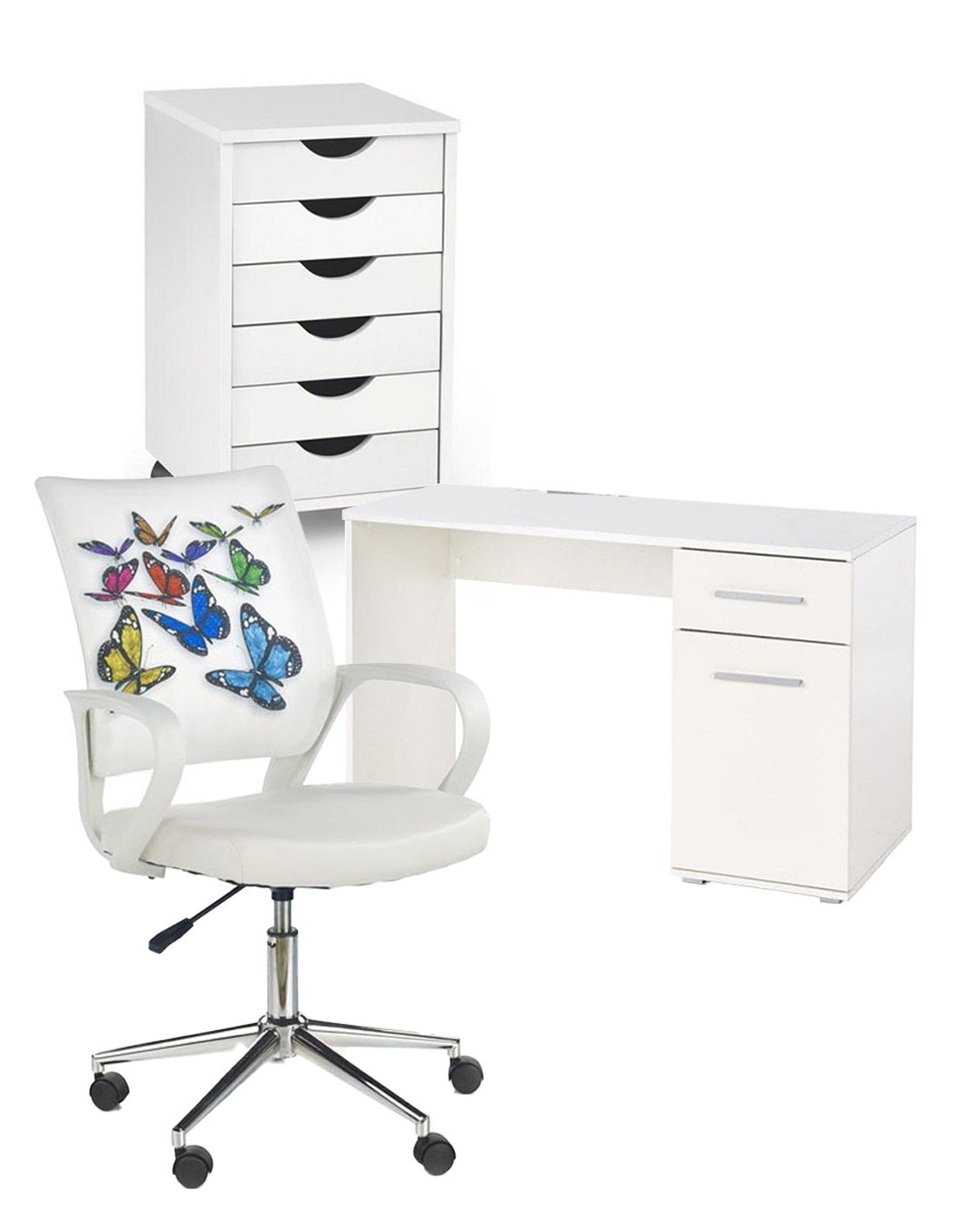 Back to School - Set mobilier birou copii HM Lima B1, PAL lucios, spatii depozitare, cu scaun HM Ibis Butterfly, stofa/piele ecologica, 100 kg si dulapior rulant HM Simon 2, cu roti, front MDF, alb