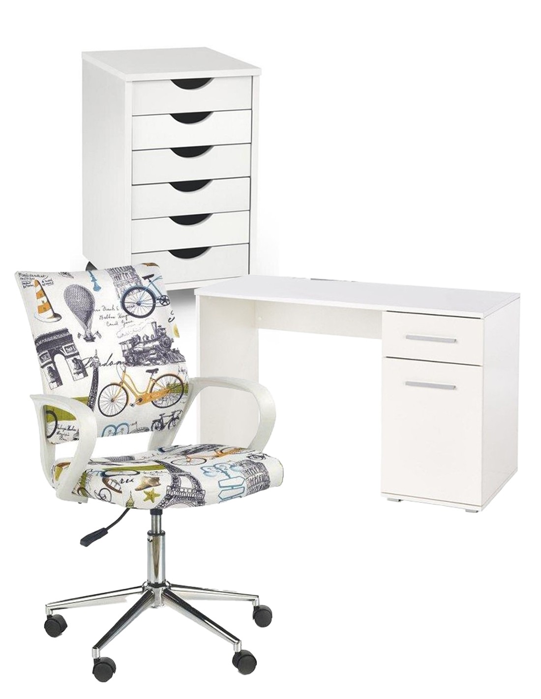 Back to School - Set mobilier birou copii HM Lima B1, PAL lucios, spatii depozitare, cu scaun HM Ibis Paris, stofa, 100 kg si dulapior rulant HM Simon 2, cu roti, front MDF, alb