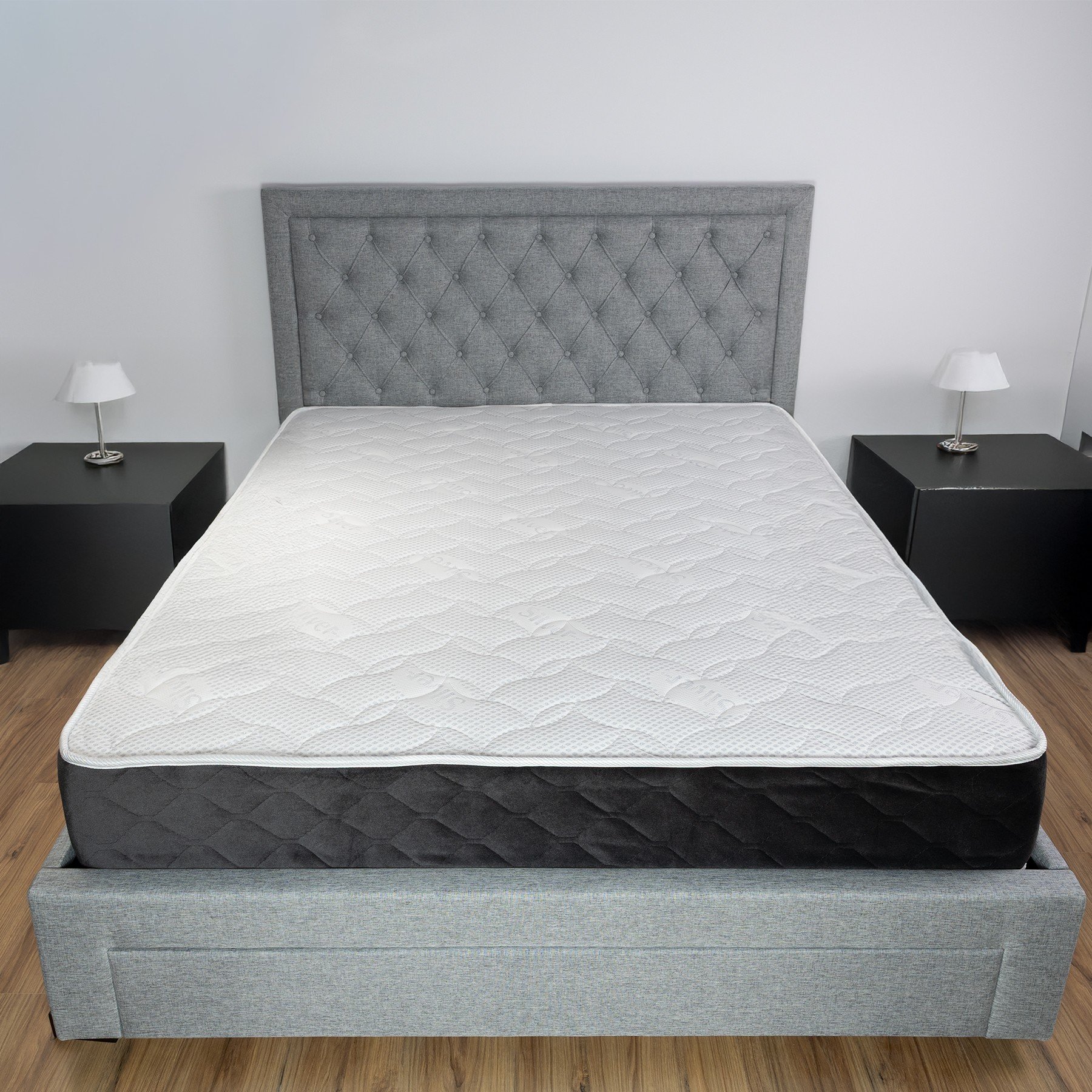 Produse - Set pat matrimonial cu sertar Austin, elemente lemn masiv, tapitat cu stofa, cu somiera, gri si saltea ortopedica Optima Silver, arcuri, margine antilasare, sistem de aerisire,160x200 cm