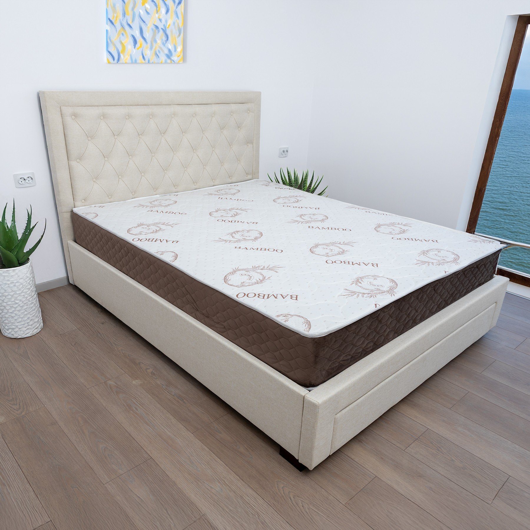 Produse - Set pat matrimonial cu sertar Austin, elemente lemn masiv, tapitat cu stofa, cu somiera, crem si saltea ortopedica Optima Bamboo, arcuri, margine antilasare, sistem de aerisire 160x200 cm