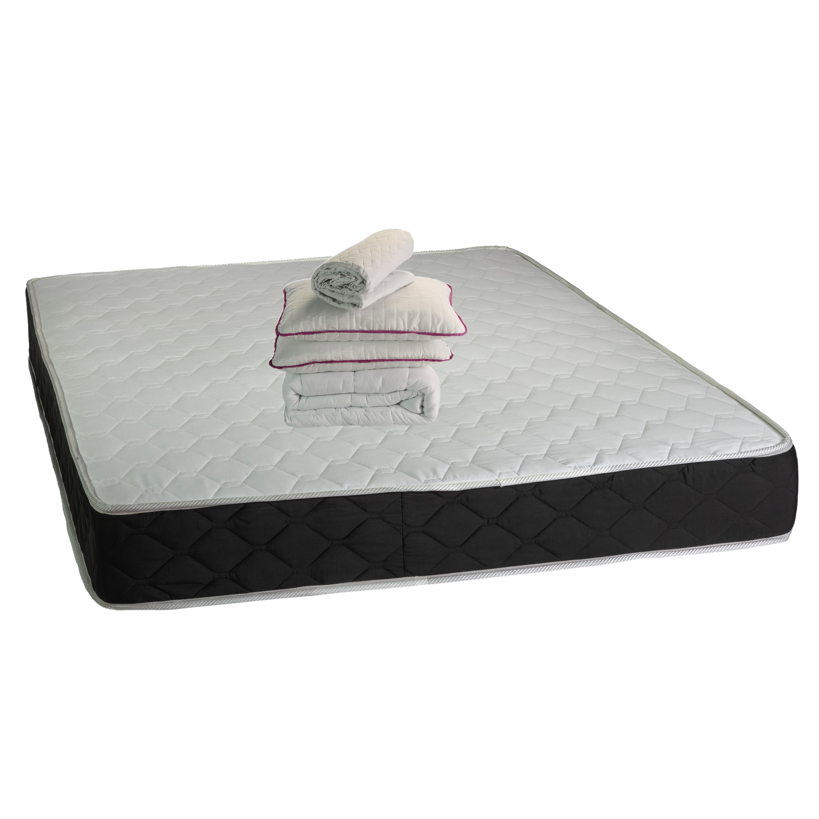 Seturi saltele - Set Saltea ortopedica, Praga 140x200x22 cm, cu plasa de arcuri tip Bonell, box spring system, fermitate medie, sistem de aerisire perimetral, Saltsib, 2 perne matlasate 50x70cm, husa hipoalergenica si pilota vara microfibra, 180x200 cm lavabila la 95°C