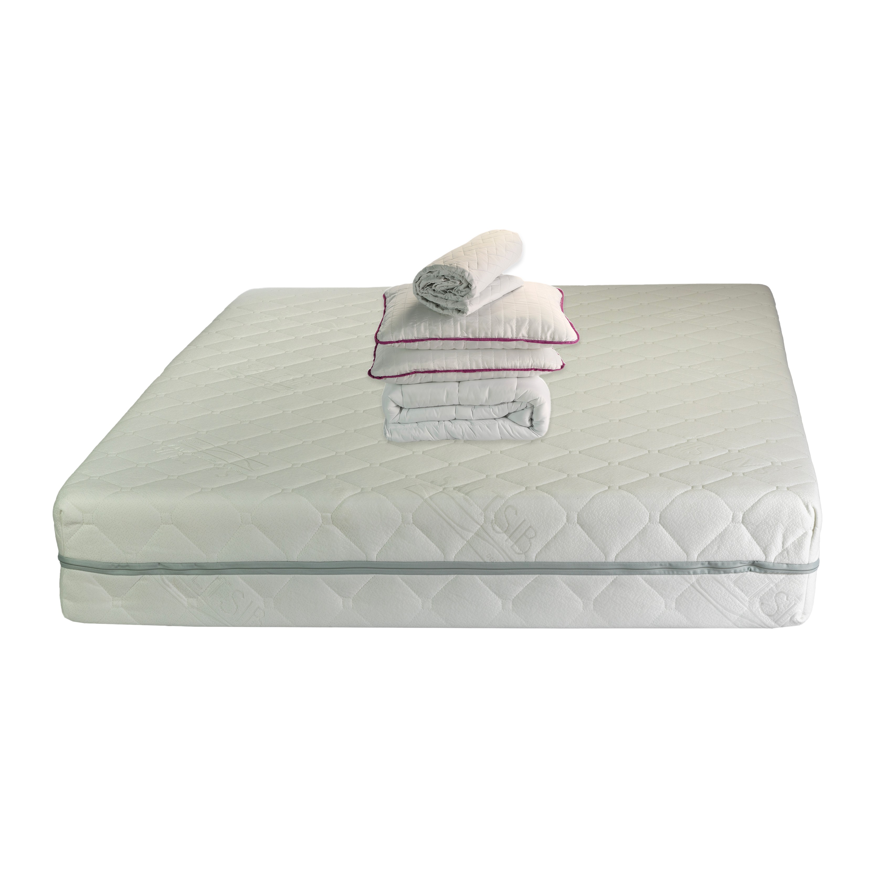 Set Saltea ortopedica Terra Standard Spring Comfort 140x200x26cm, plasa arcuri Bonell, husa detasabila, fermitate mediu-tare, Saltsib plus Pachet textile Avantaj cu 2 perne matlasate 50x70cm, Husa hipoalergenica, lavabila la 95°C si Pilota iarna 180x200cm