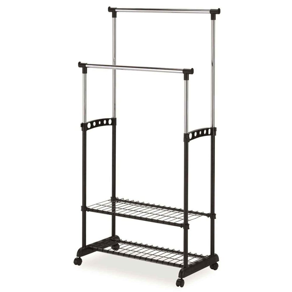 Stender haine - Stender haine cu suport incaltaminte dublu SL Nova II Bis, metalic, cu roti, inaltime ajustabila, solid, negru/argintiu