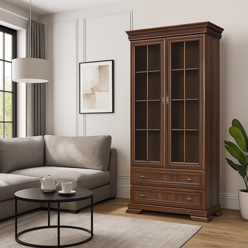 Comode dormitor Drimus - Vitrina living VMW2, 2 usi, 2 sertare, Pal melaminat, cu insertii MDF, Nuc