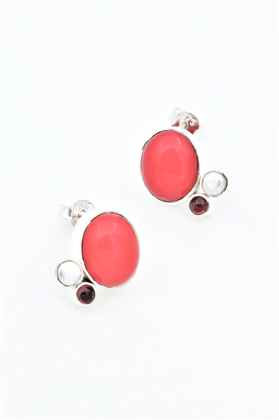 CERCEI - Cercei din Argint 925 si Piatra Coral Rosu, 1,5 cm