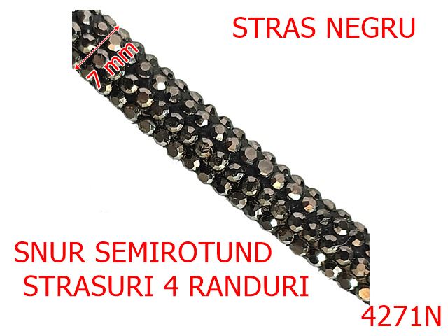 Snur - 4271N/Snur semirotund cu 4 randuri de pietre-7-mm-textil si cristale--negru-----