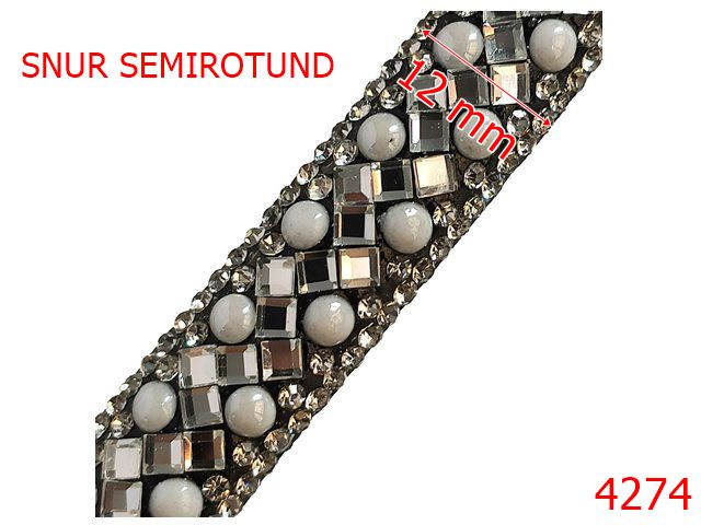 Snur - 4274/Snur semirotund cu pietre diverse-12-mm-textil si cristale--nichel-----