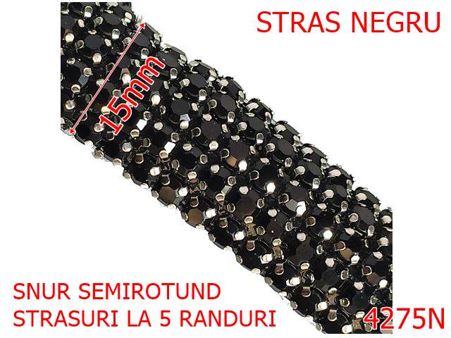 Snur - 4275N/Snur semirotund cu 5 randuri de pietre-15-mm-textil si cristale--negru-----