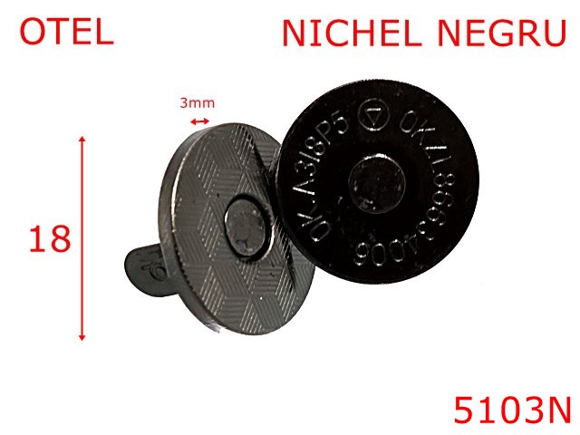 Magneti - 5103N/Magnet subtire cu capac pentru posete si genti-18-mm-otel-3-nichel negru-15A1----