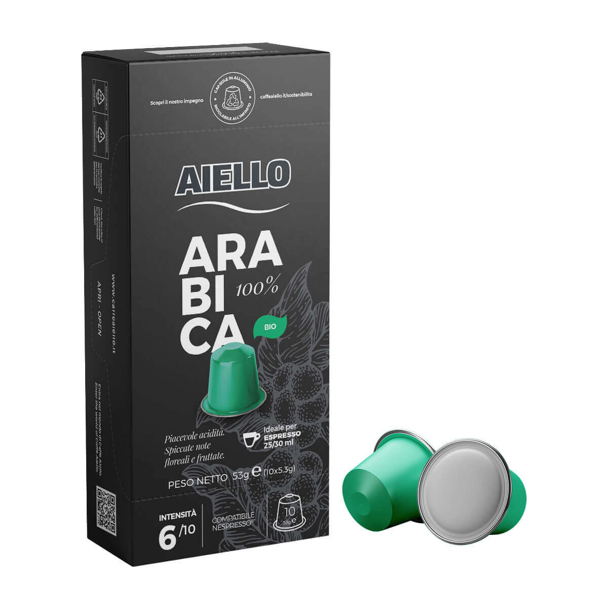 Coffee - Cafea Capsule Aiello, Compatibile Nespresso, Aroma Arabica 100% Bio, 53g (10x5.3g)